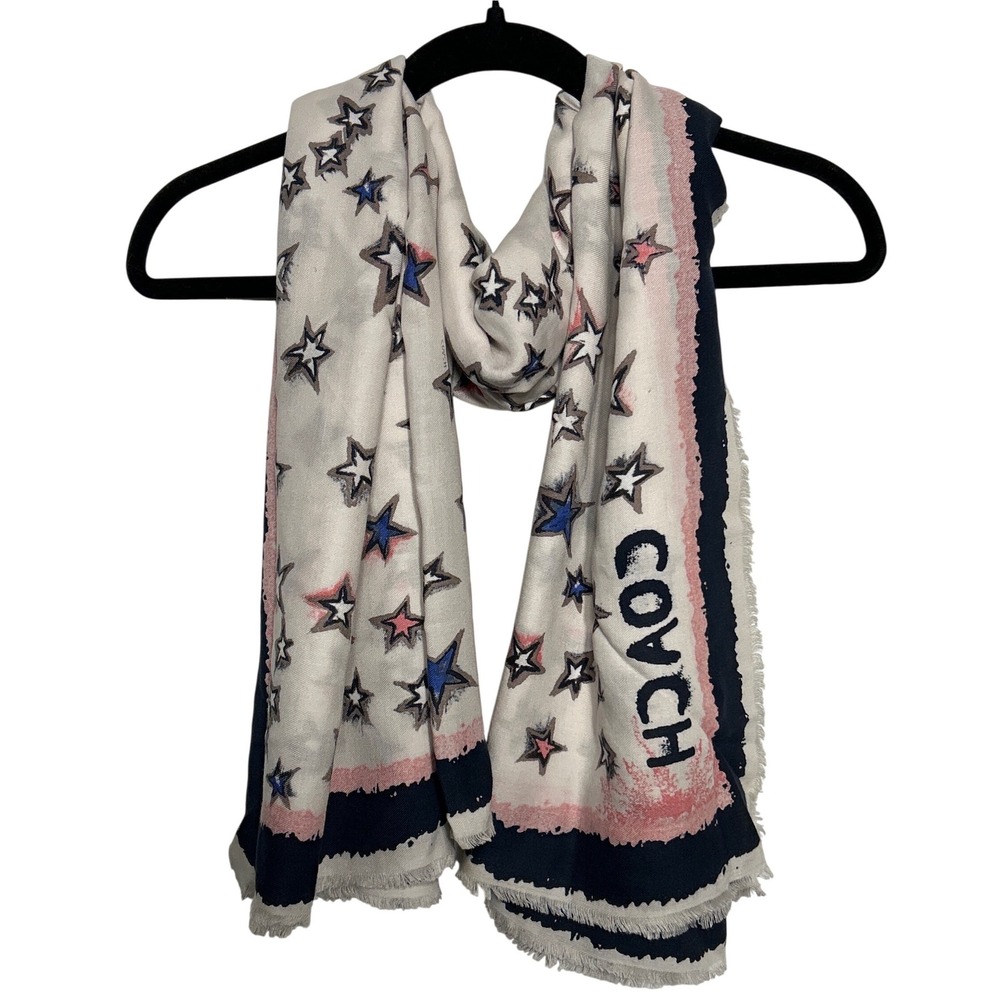 COACH White Star‎ Print Scarf Navy Pink Border Frayed Edges Women